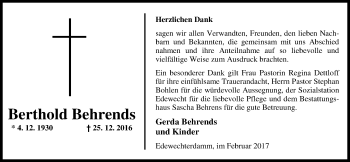 Traueranzeige von Berthold Behrends von Nordwest-Zeitung