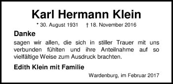 Traueranzeige von Karl Hermann Klein von Nordwest-Zeitung