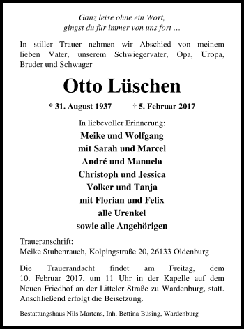 Traueranzeige von Otto Lüschen von Nordwest-Zeitung