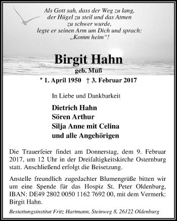 Traueranzeige von Birgit Hahn von Nordwest-Zeitung