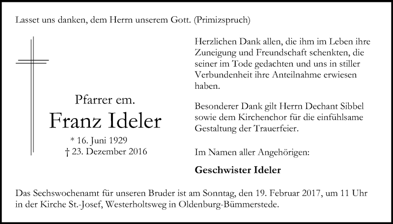  Traueranzeige für Franz Ideler vom 11.02.2017 aus Nordwest-Zeitung