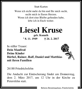Traueranzeige von Liesel Kruse von Nordwest-Zeitung