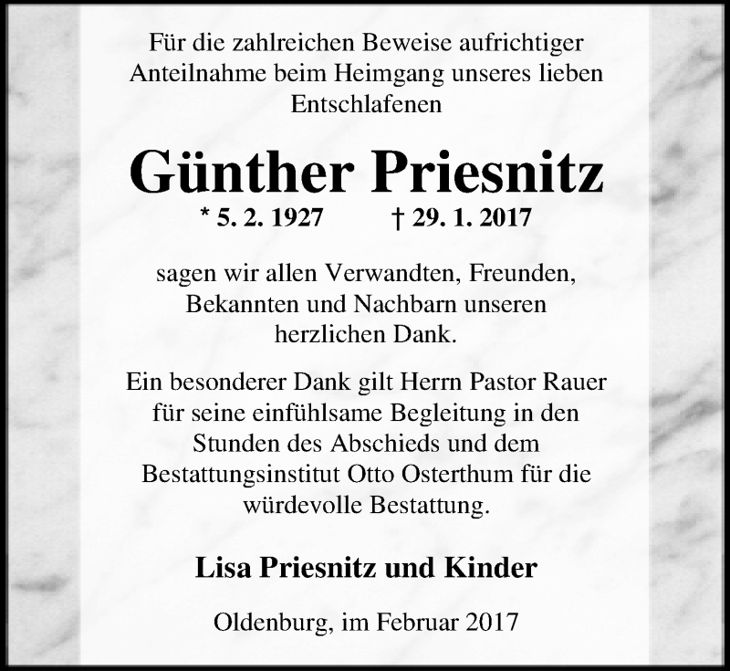  Traueranzeige für Günther Priesnitz vom 28.02.2017 aus Nordwest-Zeitung