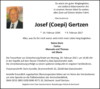 Traueranzeige von Josef (Coepi) Gertzen von Nordwest-Zeitung