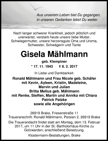 Traueranzeige von Gisela Mählmann von Nordwest-Zeitung