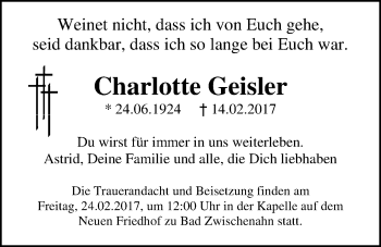 Traueranzeige von Charlotte Geisler von Nordwest-Zeitung
