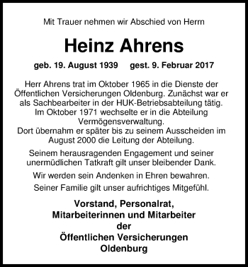 Traueranzeige von Heinz Ahrens von Nordwest-Zeitung