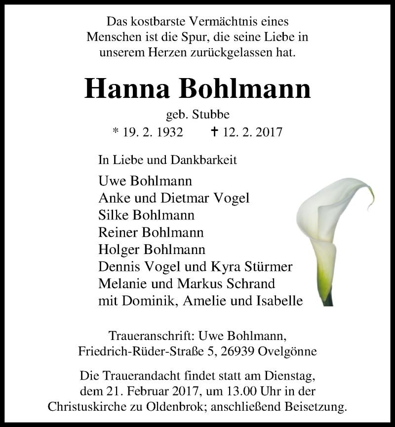  Traueranzeige für Hanna Bohlmann vom 15.02.2017 aus Nordwest-Zeitung