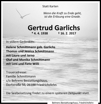 Traueranzeige von Gertrud Garlichs von Nordwest-Zeitung