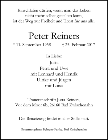 Traueranzeige von Peter Reiners von Nordwest-Zeitung
