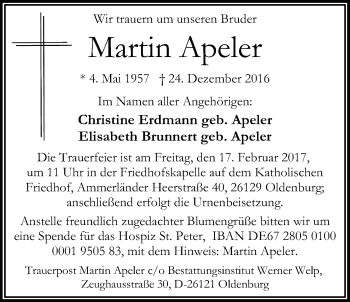 Traueranzeige von Martin Apeler von Nordwest-Zeitung