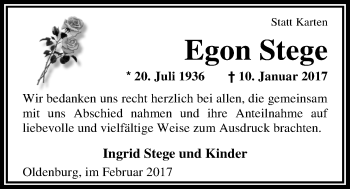 Traueranzeige von Egon Stege von Nordwest-Zeitung