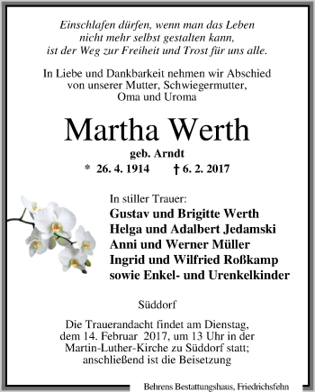 Traueranzeige von Martha Werth von Nordwest-Zeitung