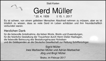 Traueranzeige von Gerd Müller von Nordwest-Zeitung