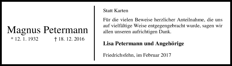  Traueranzeige für Magnus Petermann vom 11.02.2017 aus Nordwest-Zeitung