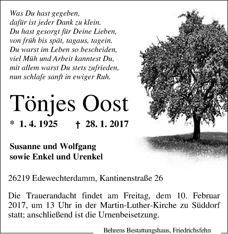  Traueranzeige für Tönjes Oost vom 04.02.2017 aus Nordwest-Zeitung