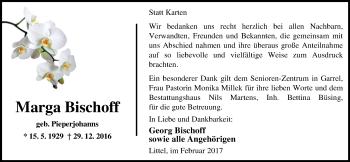 Traueranzeige von Marga Bischoff von Nordwest-Zeitung