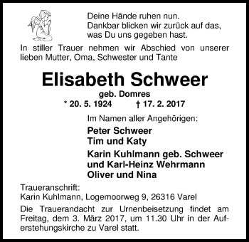 Traueranzeige von Elisabeth Schweer von Nordwest-Zeitung