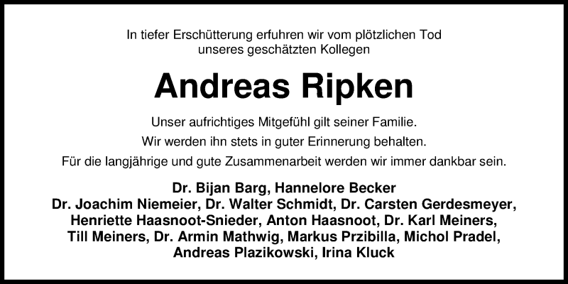  Traueranzeige für Andreas Ripken vom 01.03.2017 aus Nordwest-Zeitung