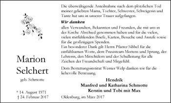 Traueranzeige von Marion Selchert von Nordwest-Zeitung