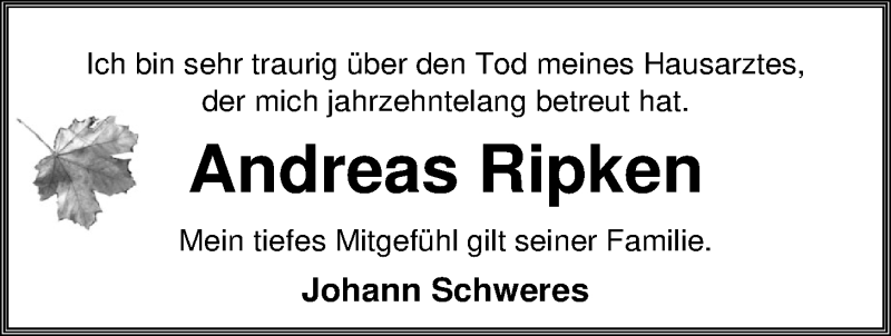  Traueranzeige für Andreas Ripken vom 02.03.2017 aus Nordwest-Zeitung