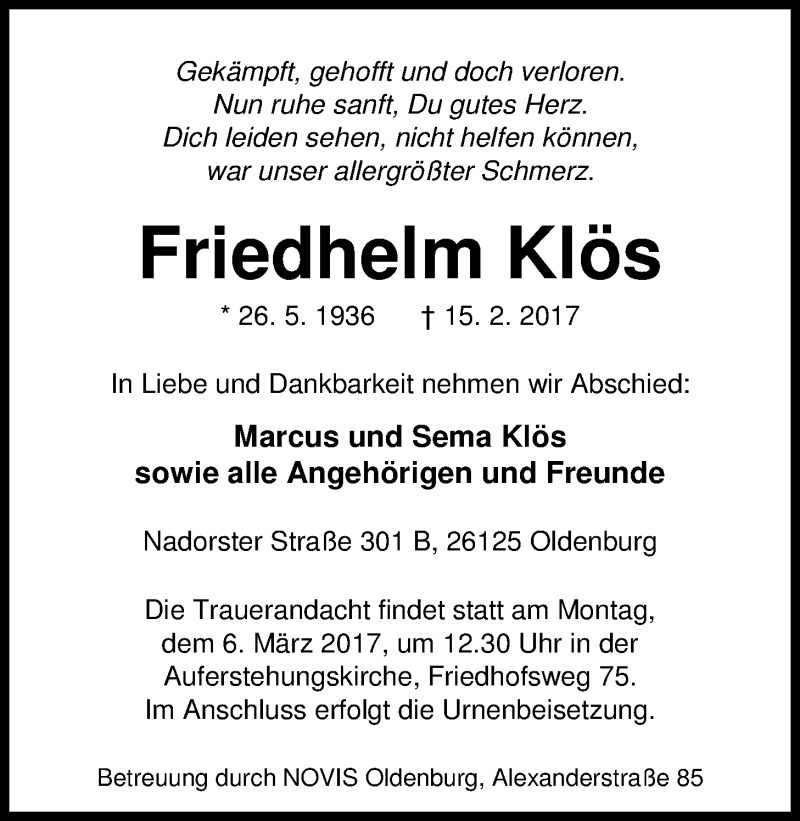  Traueranzeige für Friedhelm Klös vom 01.03.2017 aus Nordwest-Zeitung