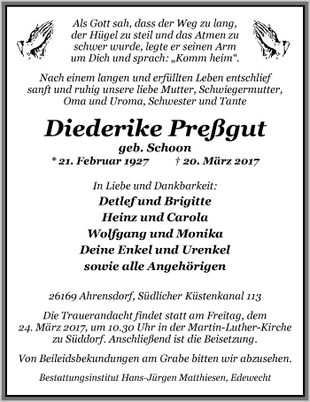 Traueranzeige von Diederike Preßgut von Nordwest-Zeitung