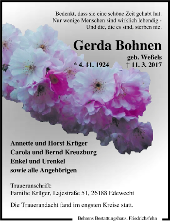 Traueranzeige von Gerda Bohnen von Nordwest-Zeitung