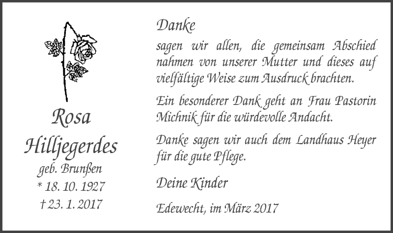  Traueranzeige für Rosa Hilljegerdes vom 24.03.2017 aus Nordwest-Zeitung