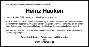 Traueranzeige von Heinz Hauken von Nordwest-Zeitung