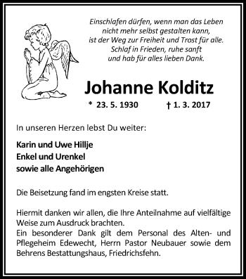 Traueranzeige von Johanne Kolditz von Nordwest-Zeitung