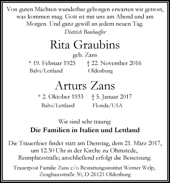 Traueranzeige von Rita Graubins von Nordwest-Zeitung