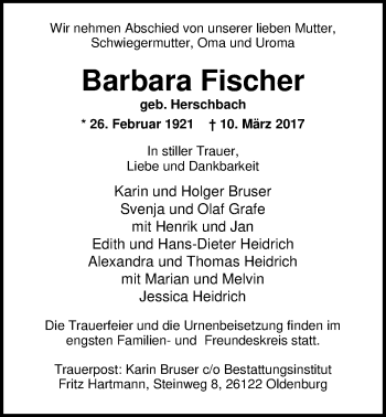 Traueranzeige von Barbara Fischer von Nordwest-Zeitung