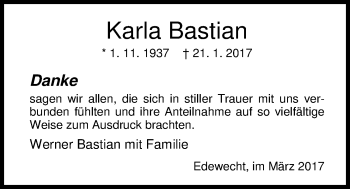 Traueranzeige von Karla Bastian von Nordwest-Zeitung
