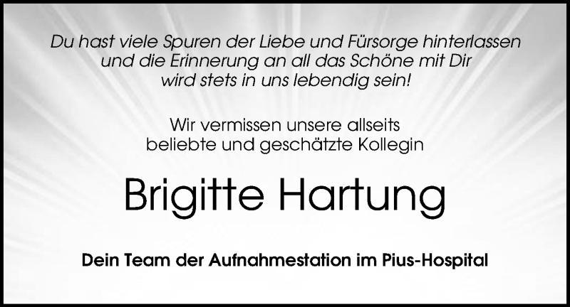  Traueranzeige für Brigitte Hartung vom 04.03.2017 aus Nordwest-Zeitung