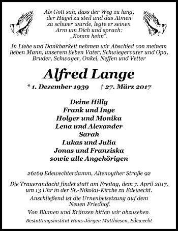 Traueranzeige von Alfred Lange von Nordwest-Zeitung