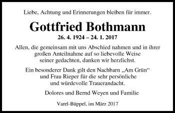 Traueranzeige von Gottfried Bothmann von Nordwest-Zeitung