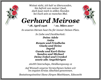 Traueranzeige von Gerhard Meirose von Nordwest-Zeitung