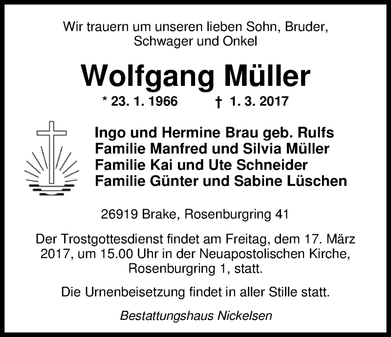  Traueranzeige für Wolfgang Müller vom 09.03.2017 aus Nordwest-Zeitung