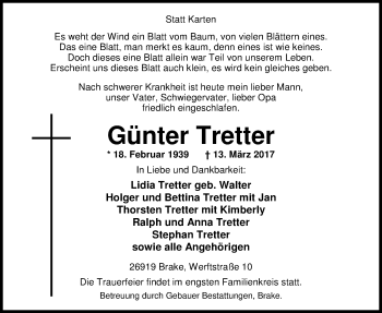 Traueranzeige von Walter Tretter von Nordwest-Zeitung
