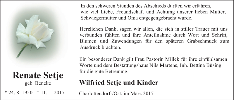  Traueranzeige für Renate Setje vom 04.03.2017 aus Nordwest-Zeitung