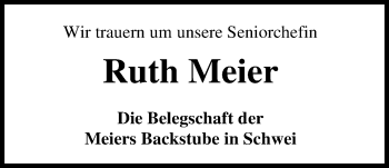 Traueranzeige von Ruth Meier von Nordwest-Zeitung