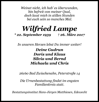 Traueranzeige von Wilfried Lampe von Nordwest-Zeitung