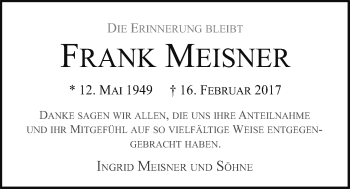Traueranzeige von Frank Meisner von Nordwest-Zeitung
