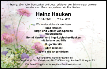 Traueranzeige von Heinz Hauken von Nordwest-Zeitung
