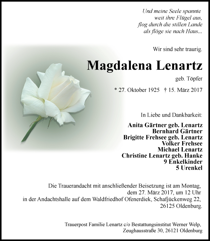  Traueranzeige für Magdalena Lenartz vom 21.03.2017 aus Nordwest-Zeitung