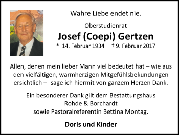 Traueranzeige von Josef Gertzen von Nordwest-Zeitung