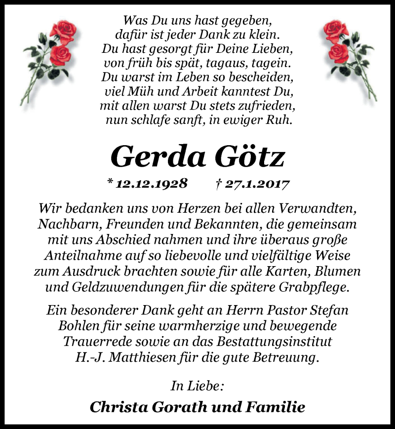  Traueranzeige für Gerda Götz vom 04.03.2017 aus Nordwest-Zeitung