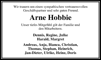 Traueranzeige von Arne Hobbie von Nordwest-Zeitung