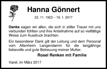 Traueranzeige von Hanna Gönnert von Nordwest-Zeitung